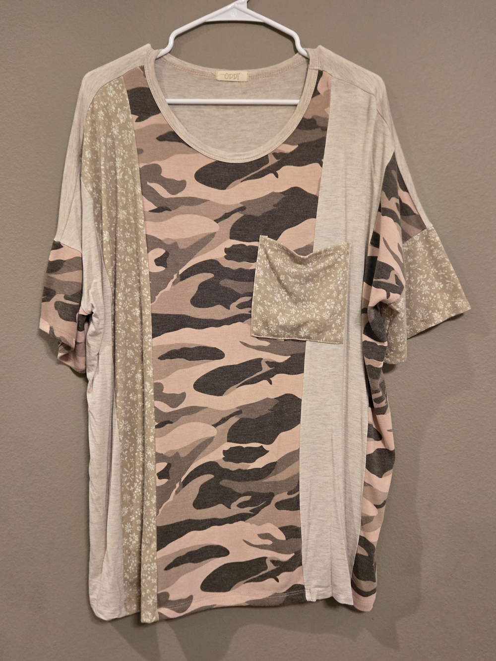 ODDY Pink & Beige Camo Patchwork Short Sleeve Top